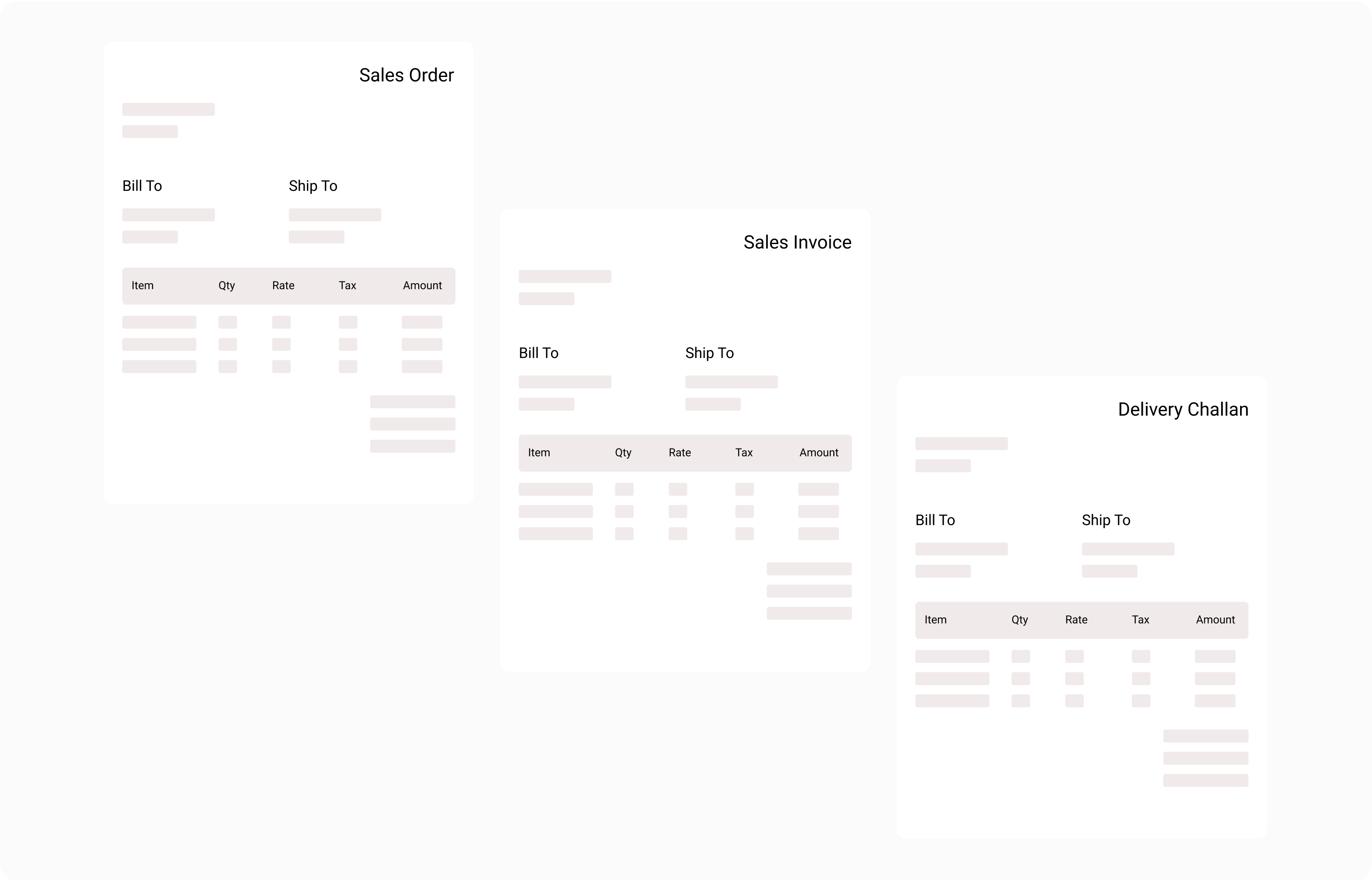 create purchase order, sales invoice, quotation, delivery challan